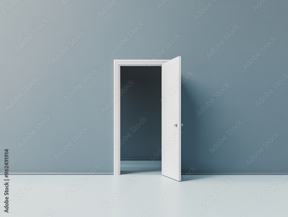 A white door slightly ajar, revealing a dark interior against a pale blue wall. The door handle is visible. The image is minimalist and abstract. A white door slightly ajar, revealing a dark interior against a pale blue wall. The door handle is visible. The image is minimalist and abstract.