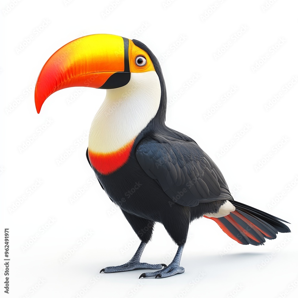 Obraz premium A colorful bird with a black body and a yellow beak stands on a white background