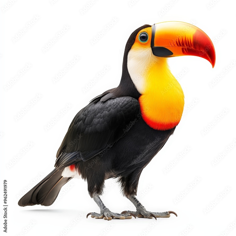 A black and yellow bird with a red beak stands on a white background A black and yellow bird with a red beak stands on a white background