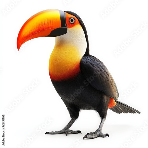 A colorful bird with a black beak stands on a white background