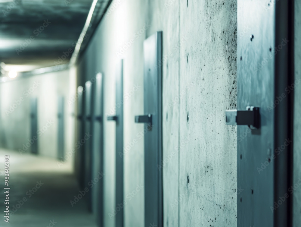 A close up of reinforced concrete walls with metal doors in dimly lit underground corridor, creating sense of depth and mystery. A close up of reinforced concrete walls with metal doors in dimly lit underground corridor, creating sense of depth and mystery.