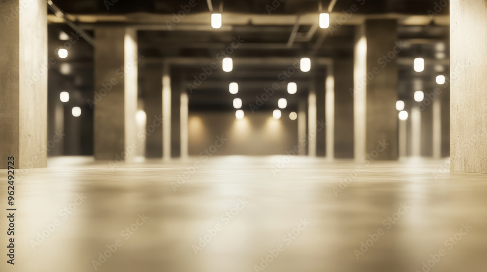 Naklejka premium A spacious underground shopping plaza with concrete pillars and bright lights creates modern atmosphere.