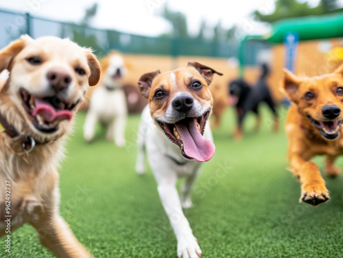 Happy dogs playing together in vibrant outdoor setting, showcasing various breeds and joyful expressions.