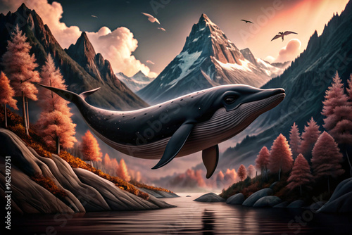 A Whale Soaring Through a Mountain Valley photo