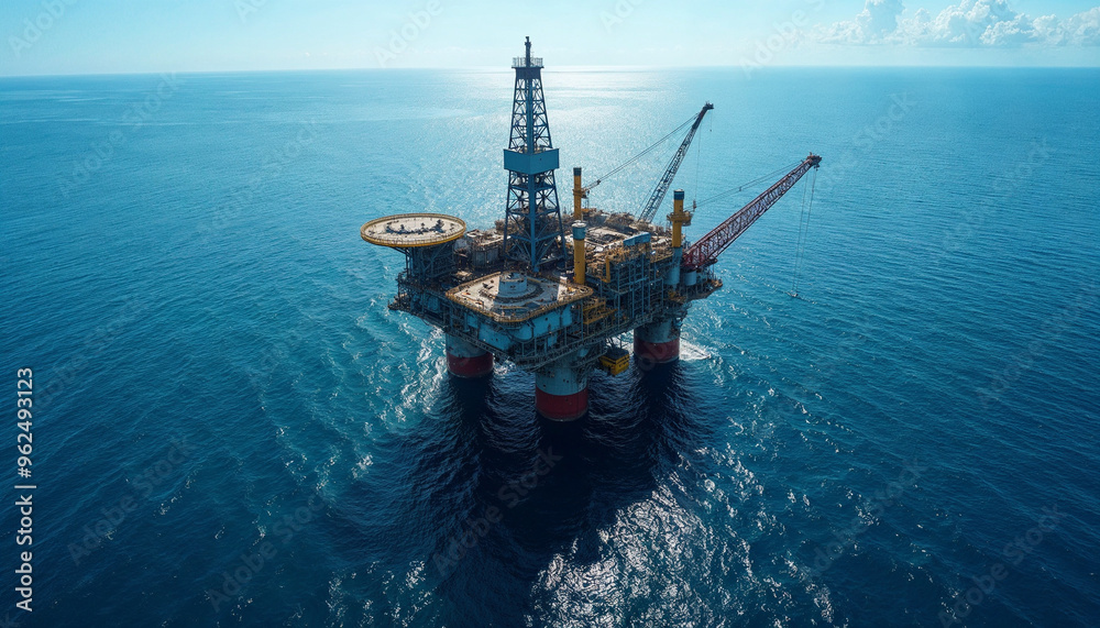 An oil rig platform stands prominently against the vast ocean, showcasing its structure and machinery with endless blue waters and sky in the background. An oil rig platform stands prominently against the vast ocean, showcasing its structure and machinery with endless blue waters and sky in the background.