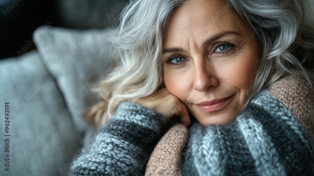Serene Portrait of Middle-Aged Woman Embracing Self-Care Amid Chronic Pain and Caregiving Duties on Gray Background Serene Portrait of Middle-Aged Woman Embracing Self-Care Amid Chronic Pain and Caregiving Duties on Gray Background