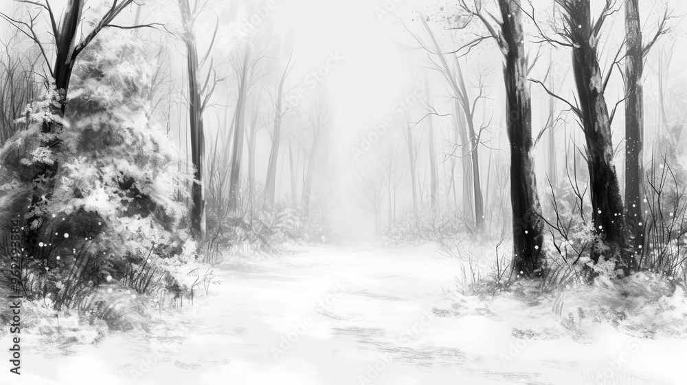 Obraz premium A misty winter forest with a snow-covered trail. The trees stand tall and dark against the white snow, creating a mystical and serene atmosphere perfect for winter scenes.