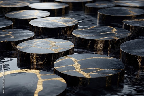 3d render, abstract modern minimal background with black and gold cobblestones, reflection in the water. Black friday sale showcase with empty platforms for product displaying with generative ai