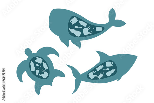 Whales, turtles, and sharks consuming plastic waste. Represents marine pollution, plastic contamination, and ocean wildlife endangerment. Symbolizes the environmental crisis. Vector illustration set.