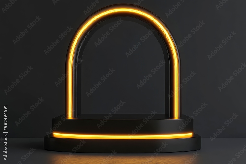3D rendered black product stand with yellow neon lights with generative ai 3D rendered black product stand with yellow neon lights with generative ai