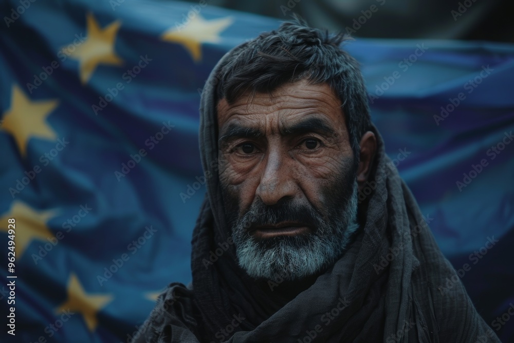 Middle age man from afghanistan holds eu flag visible despair. Despair and suffering etched face of afghan man and eu flag. EU residents push for reduced immigration quotas. Middle age man from afghanistan holds eu flag visible despair. Despair and suffering etched face of afghan man and eu flag. EU residents push for reduced immigration quotas.