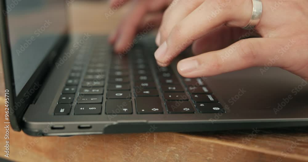 Man, laptop or hands of freelancer typing in home on internet for travel, remote work or networking. Research, closeup or digital nomad on technology for freelancing, online or blog for publication