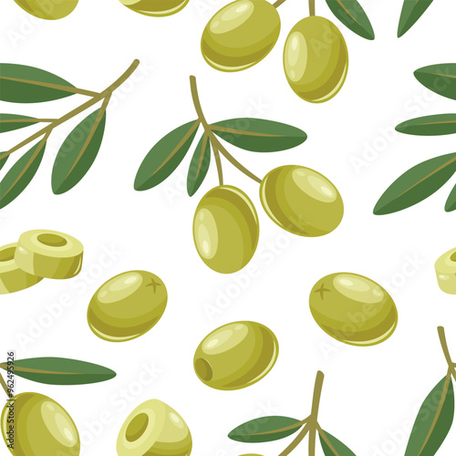 Vector Seamless Pattern with Flat Vector Green Olives. Olive Berries on a Branch. Hand Drawn Olive Tree Berry Design Template for Olive Oil Products, Packaging, Food Concept