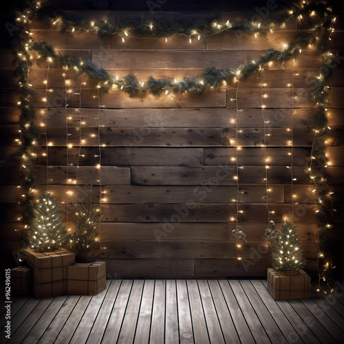 Rustic Christmas Backdrop, Sparkling Christmas Lights, Holiday Background, Christmas Card, Party Invitation Template