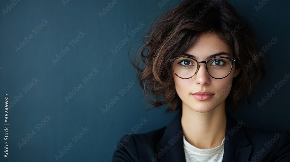 Young woman with curly hair and glasses, exuding confidence against a dark background. Young woman with curly hair and glasses, exuding confidence against a dark background.