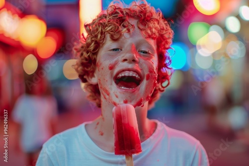 Ice cream makes this child smile from ear to ear.  Innocent white teen red curls enjoying bright sunny day. Charm and vitality of youth embracing fun and freedom. photo