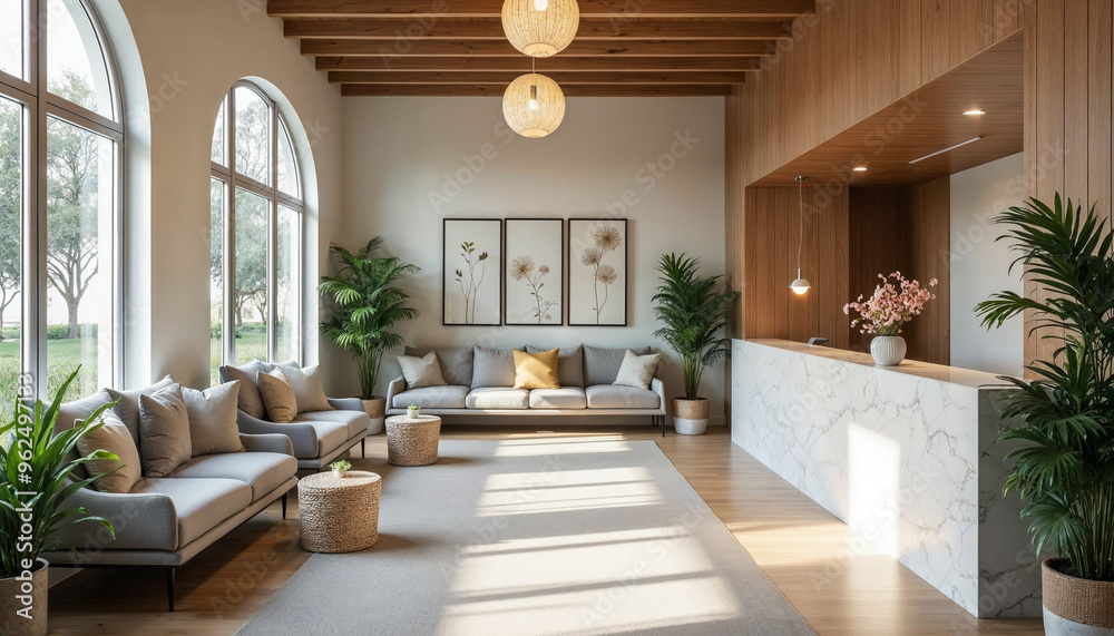 Fototapeta premium A peaceful reception area with elegant seating, greenery, and calming decor in a wellness clinic.