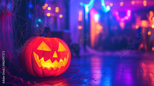 Wallpaper Mural jack o lantern halloween holiday orange pumpkin on the street in the dark background bokeh lights orange blue night decoration leaves on the ground pink backdrop Torontodigital.ca