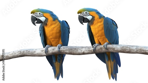 Blue-and-yellow Macaws, Perched on a Branch on a White Background, Realistic Photo, Texture, Pattern Background, Wallpaper, Cover and Screen for Smartphone, PC, Laptop, 9:16 and 16:9 Format