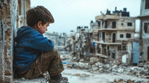 A heartbreaking scene of a child sitting alone amidst the ruins of a war-torn city, crying in despair. The desolate urban landscape, filled with destruction and debris