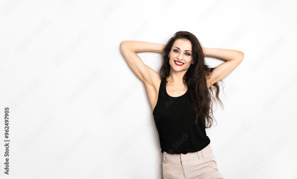 Happy enjoying relaxing make-up woman with red lipstick looking happy in black top isolated on white empty copy space background. Portrait Happy enjoying relaxing make-up woman with red lipstick looking happy in black top isolated on white empty copy space background. Portrait