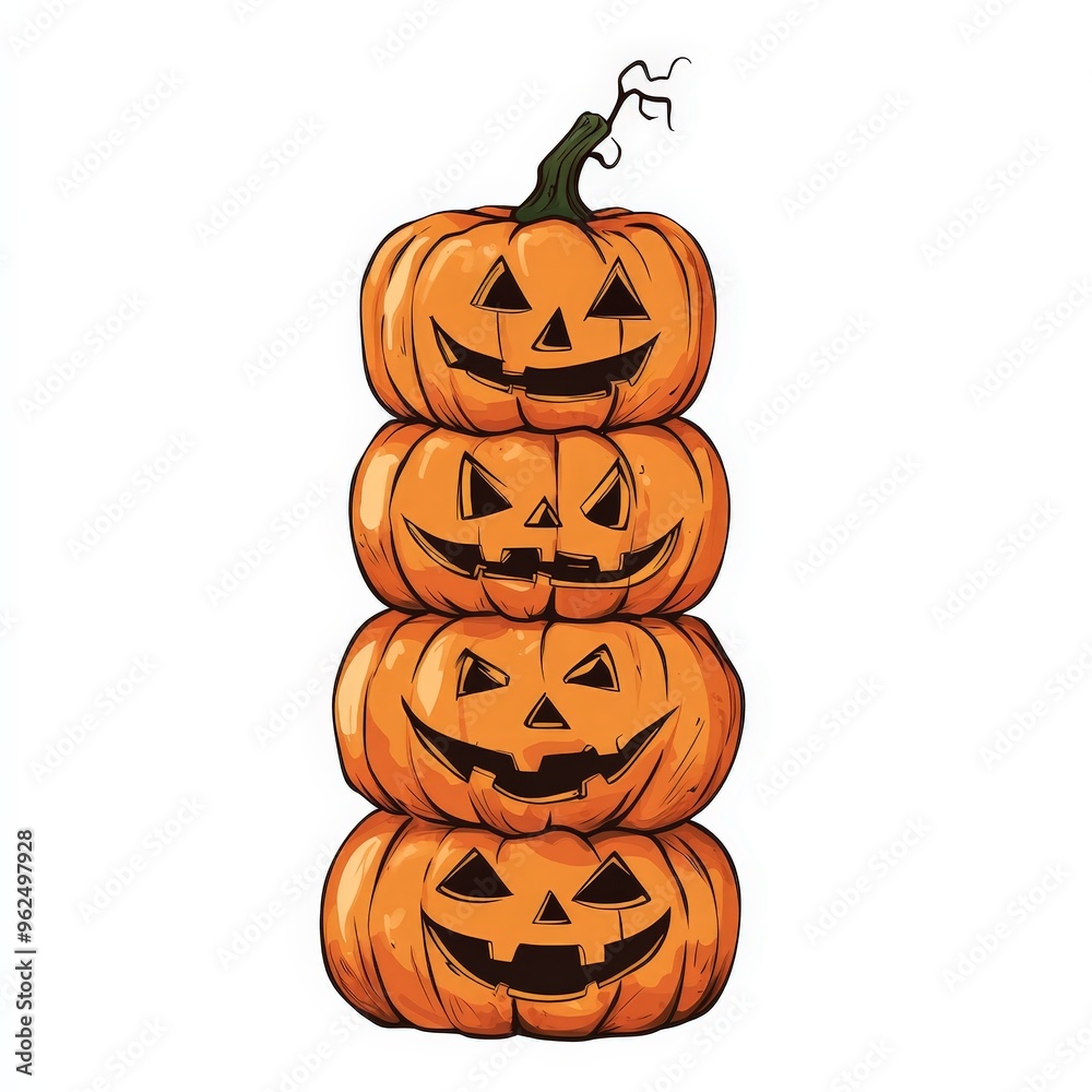 Four pumpkins stacked on top of each other with their faces turned to the camera Four pumpkins stacked on top of each other with their faces turned to the camera