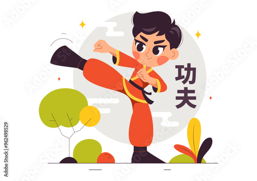 Chinese Translation: Kung Fu with People Demonstrating Chinese Martial Arts in a Flat Style Cartoon Background Vector Illustration