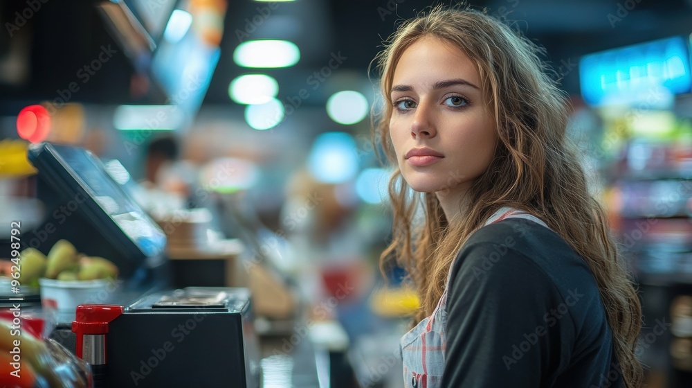 Weary retail worker behind the counter, a tense expression on their face, worn down by long hours and difficult customers Weary retail worker behind the counter, a tense expression on their face, worn down by long hours and difficult customers