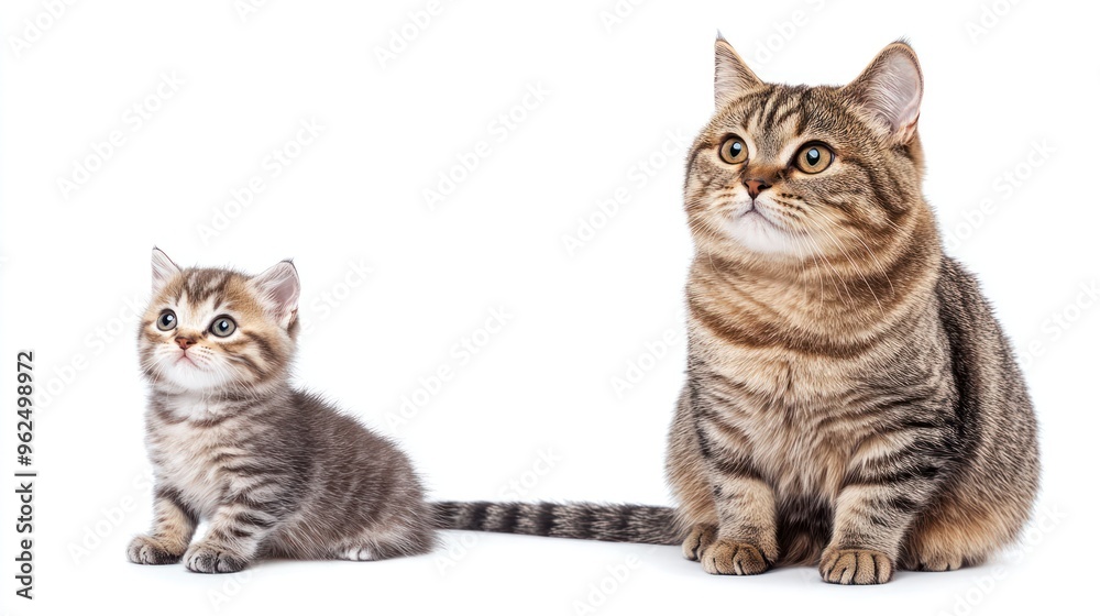 Fototapeta premium A mother cat and her kitten looking up, sitting together.