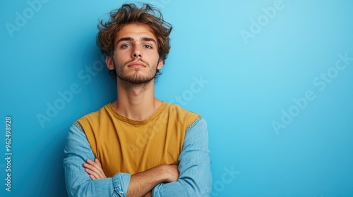 Young adult overwhelmed by academic and financial pressures, staring blankly on a tranquil, blue background photo