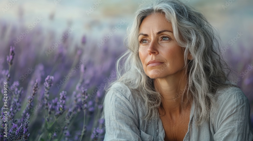 Middle-aged parent stressed by family obligations and work pressures, sitting alone on a tranquil, lavender backdrop Middle-aged parent stressed by family obligations and work pressures, sitting alone on a tranquil, lavender backdrop