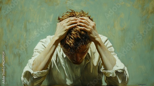 Young professional grappling with imposter syndrome and workplace politics, head in hands on a serene, sage-green canvas