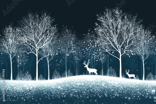 A fairytale winter landscape. Christmas background. There is a fantastic silhouette of white trees and deer with a dark background. with generative ai