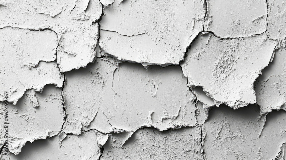 Obraz premium Close-up of a cracked and peeling white wall, revealing a rough texture beneath.