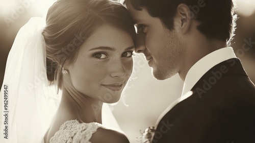 Bride and groom sharing a sweet first look, their eyes filled with joy and anticipation photo