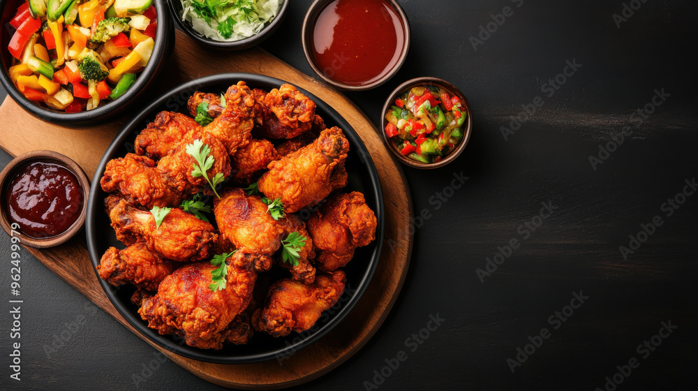 A delicious platter of crispy fried chicken wings served with dipping sauces, salad, and sides on a wooden board for a hearty meal. A delicious platter of crispy fried chicken wings served with dipping sauces, salad, and sides on a wooden board for a hearty meal.