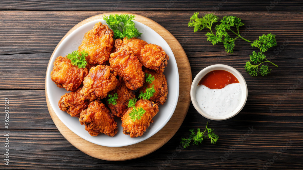 A plate of crispy fried chicken wings served with dipping sauce and parsley garnish on a wooden surface, ready to eat. A plate of crispy fried chicken wings served with dipping sauce and parsley garnish on a wooden surface, ready to eat.