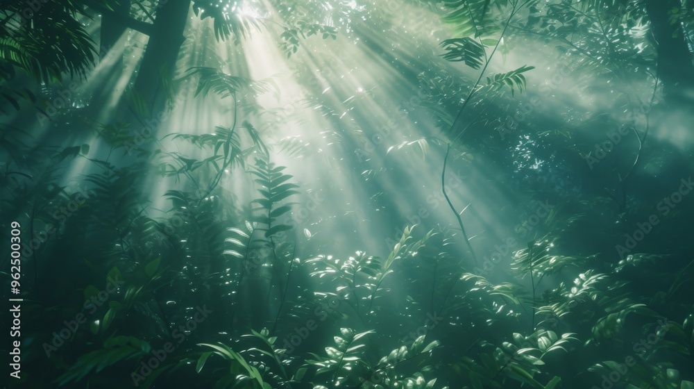 Obraz premium Rays of sunlight penetrate the dense foliage of a lush rainforest, creating a magical and tranquil atmosphere. This scene is ideal for themes of tropical nature, serenity, and the untouched beauty of