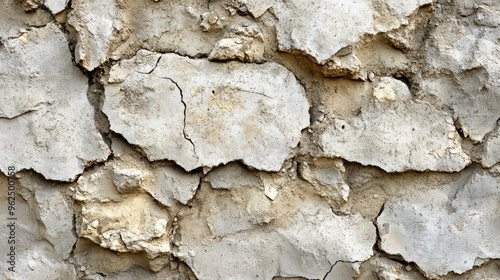 Close-up of a weathered, cracked and rough gray and white wall surface.