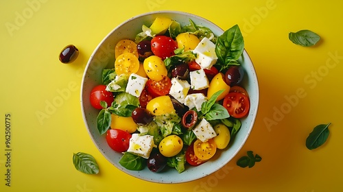 Fresh Salad with Cherry Tomatoes Feta Cheese Olives and Basil