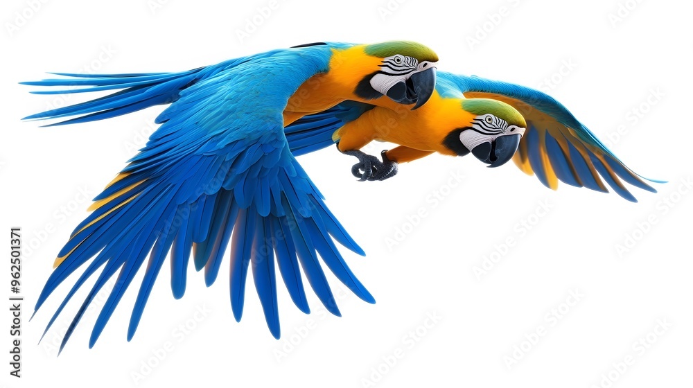 Obraz premium Blue-and-yellow Macaws, Flying on White Background, Realistic Photo, Texture, Pattern Background, Wallpaper, Cover and Screen for Smartphone, PC, Laptop, 9:16 and 16:9 Format