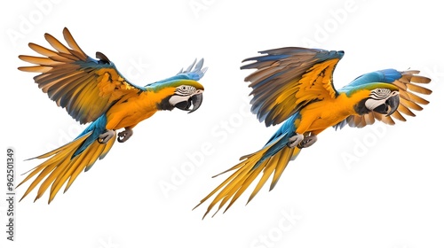 Blue-and-yellow Macaws, Flying on White Background, Realistic Photo, Texture, Pattern Background, Wallpaper, Cover and Screen for Smartphone, PC, Laptop, 9:16 and 16:9 Format