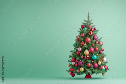 Christmas tree decorated. A vibrant Christmas tree adorned with multicolored lights and baubles, glowing against a soft green background