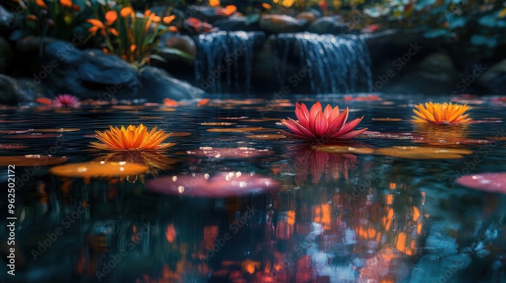 Fototapeta premium A serene pond with water lilies, a cascading waterfall, and lush greenery, creating a tranquil and peaceful atmosphere.