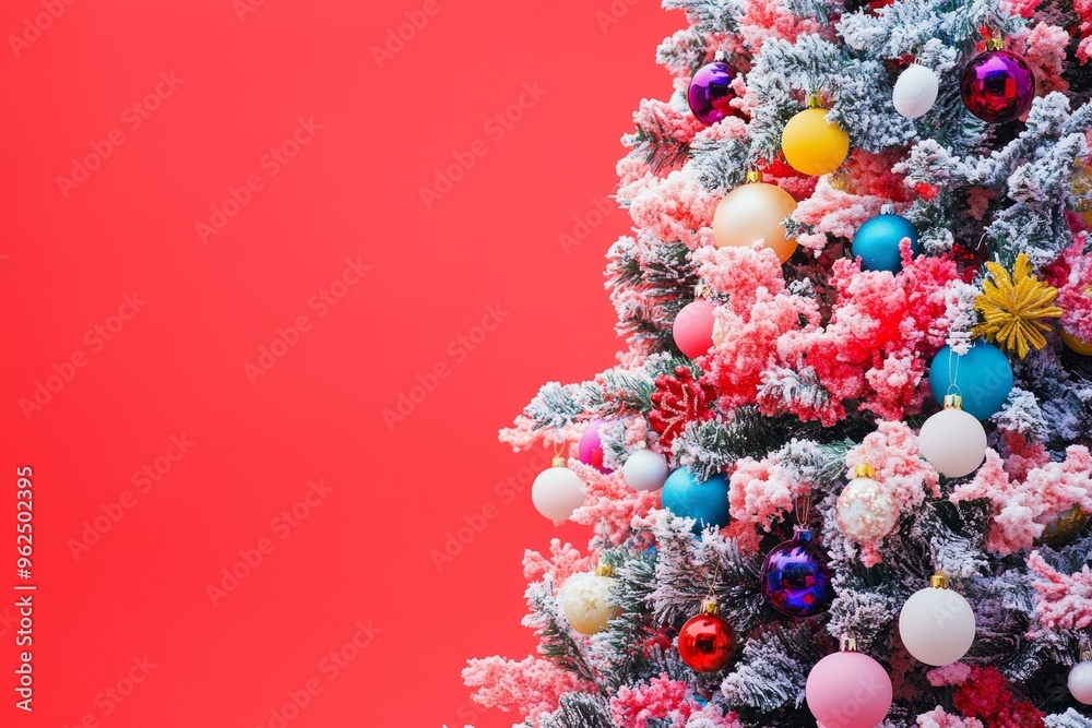 Christmas tree decorated. A vibrant Christmas tree adorned with multicolored lights and baubles, glowing against a soft red background Christmas tree decorated. A vibrant Christmas tree adorned with multicolored lights and baubles, glowing against a soft red background