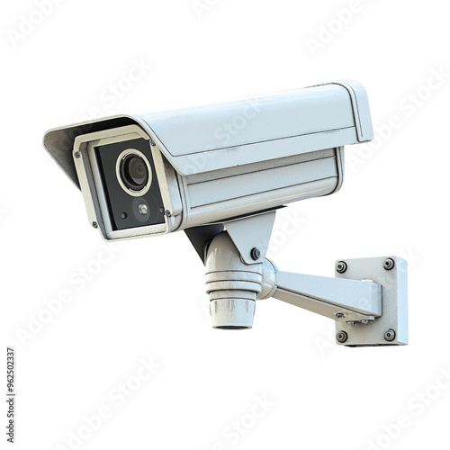 A white security camera is mounted on a wall