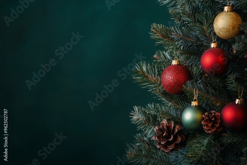 Christmas tree decorated in a dark green background room.