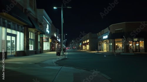 An empty outdoor shopping street at night, illuminated by streetlights. The scene is quiet and still, with various storefronts and a dark sky above, creating a serene yet lonely atmosphere.