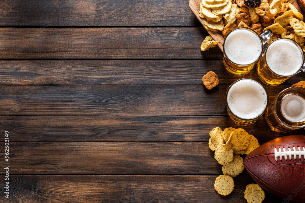 Delight in Super Bowl party setup featuring snacks, beer, and an American football, perfect for game day celebrations. Delight in Super Bowl party setup featuring snacks, beer, and an American football, perfect for game day celebrations.