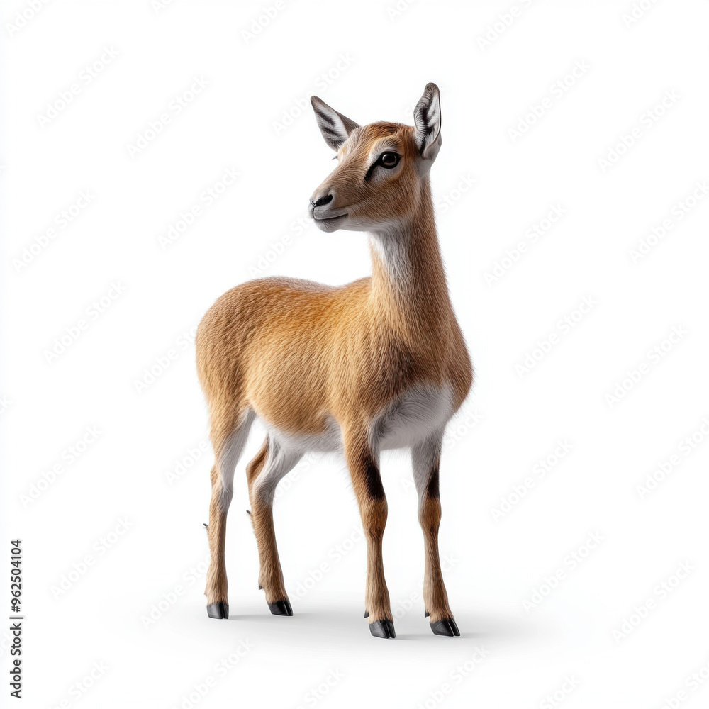 A female gazelle stands gracefully against a white backdrop, showcasing its slender frame and soft fur. A female gazelle stands gracefully against a white backdrop, showcasing its slender frame and soft fur.